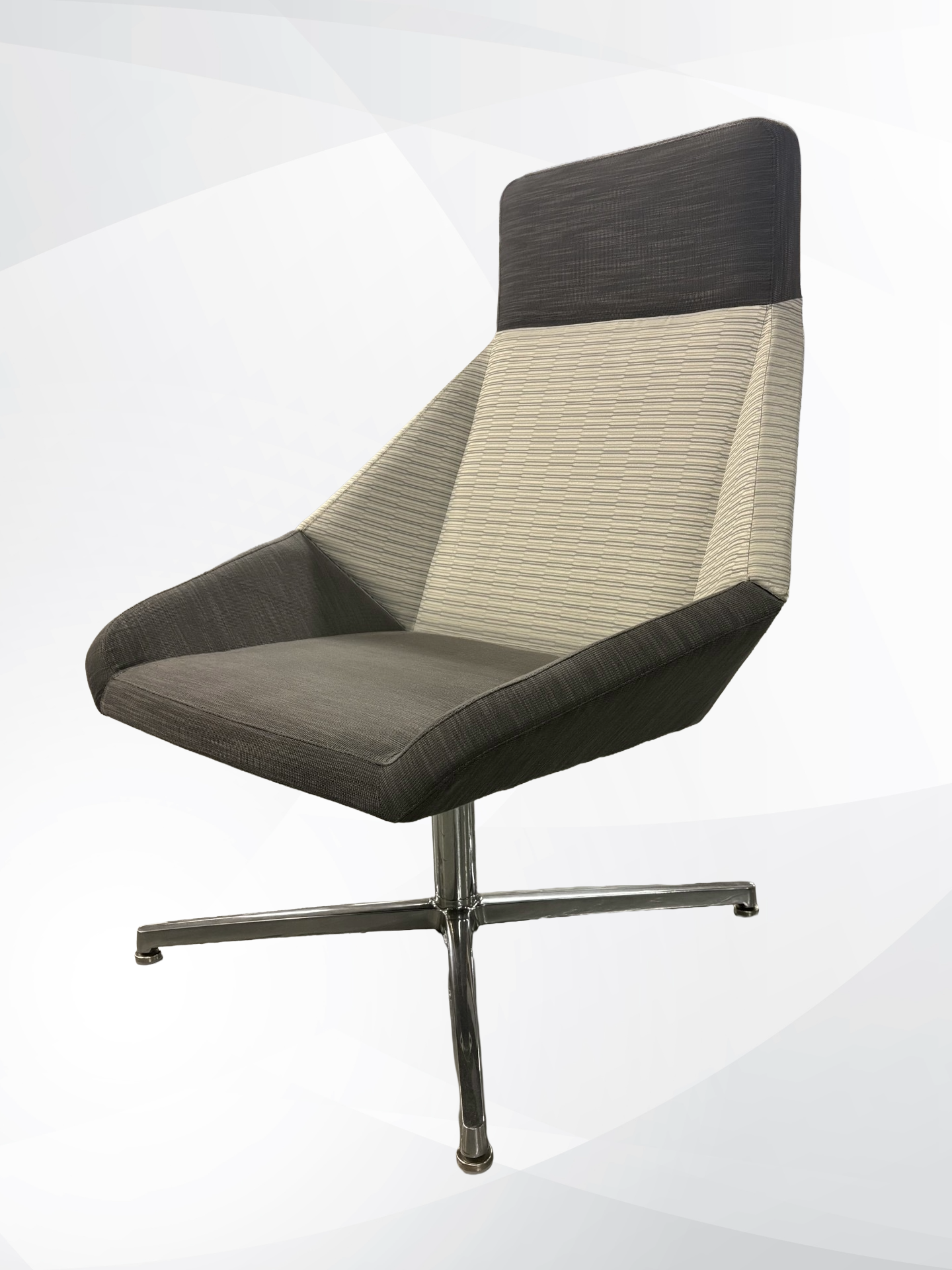 A modern office chair with a dark gray fabric seat and backrest, a beige ribbed fabric side panel, and a chrome five-star base, shown against a light gray background.