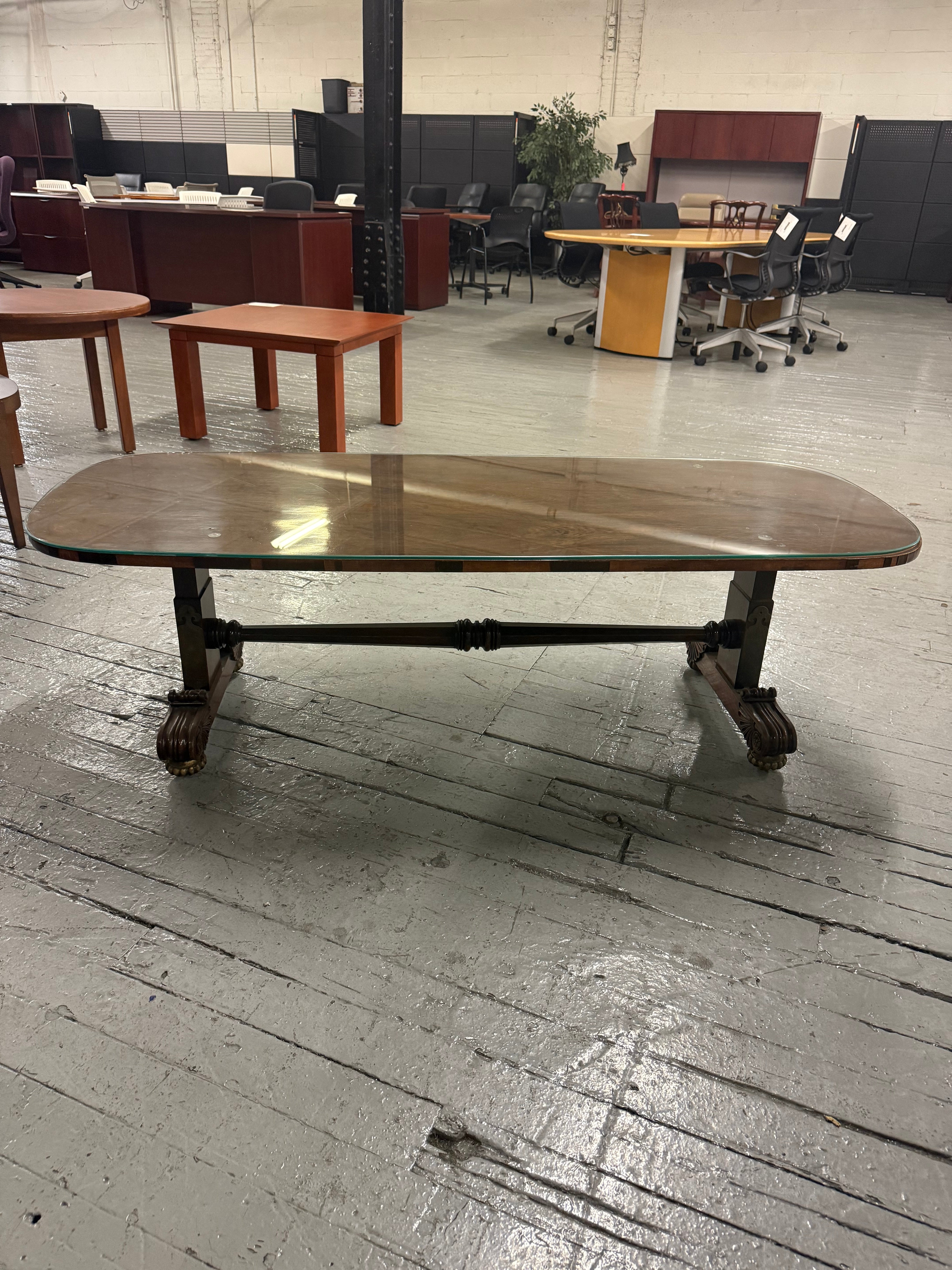 Glass Top Coffee Table – Antique Veneer Wood - V53
