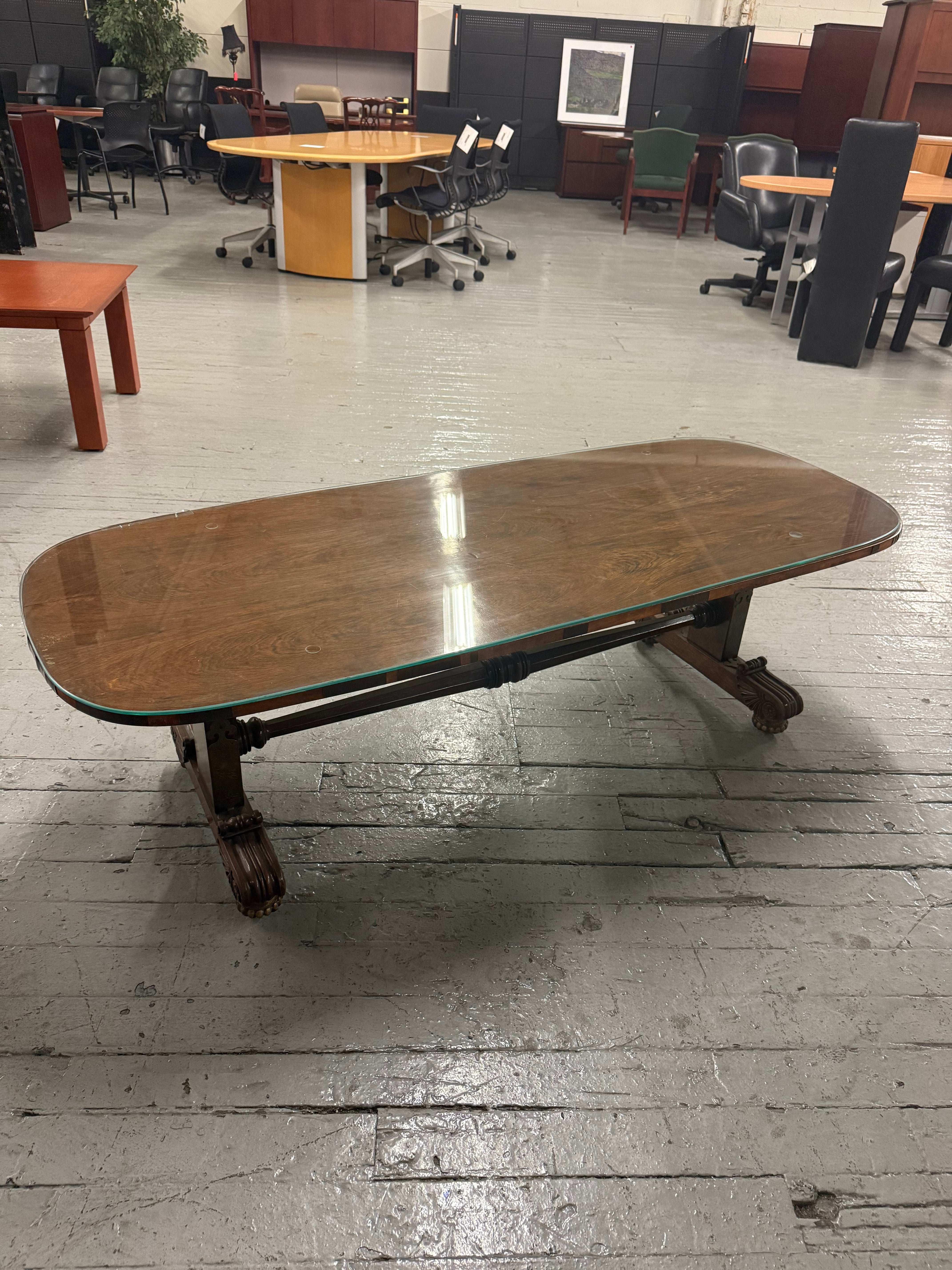 Glass Top Coffee Table – Antique Veneer Wood - V53