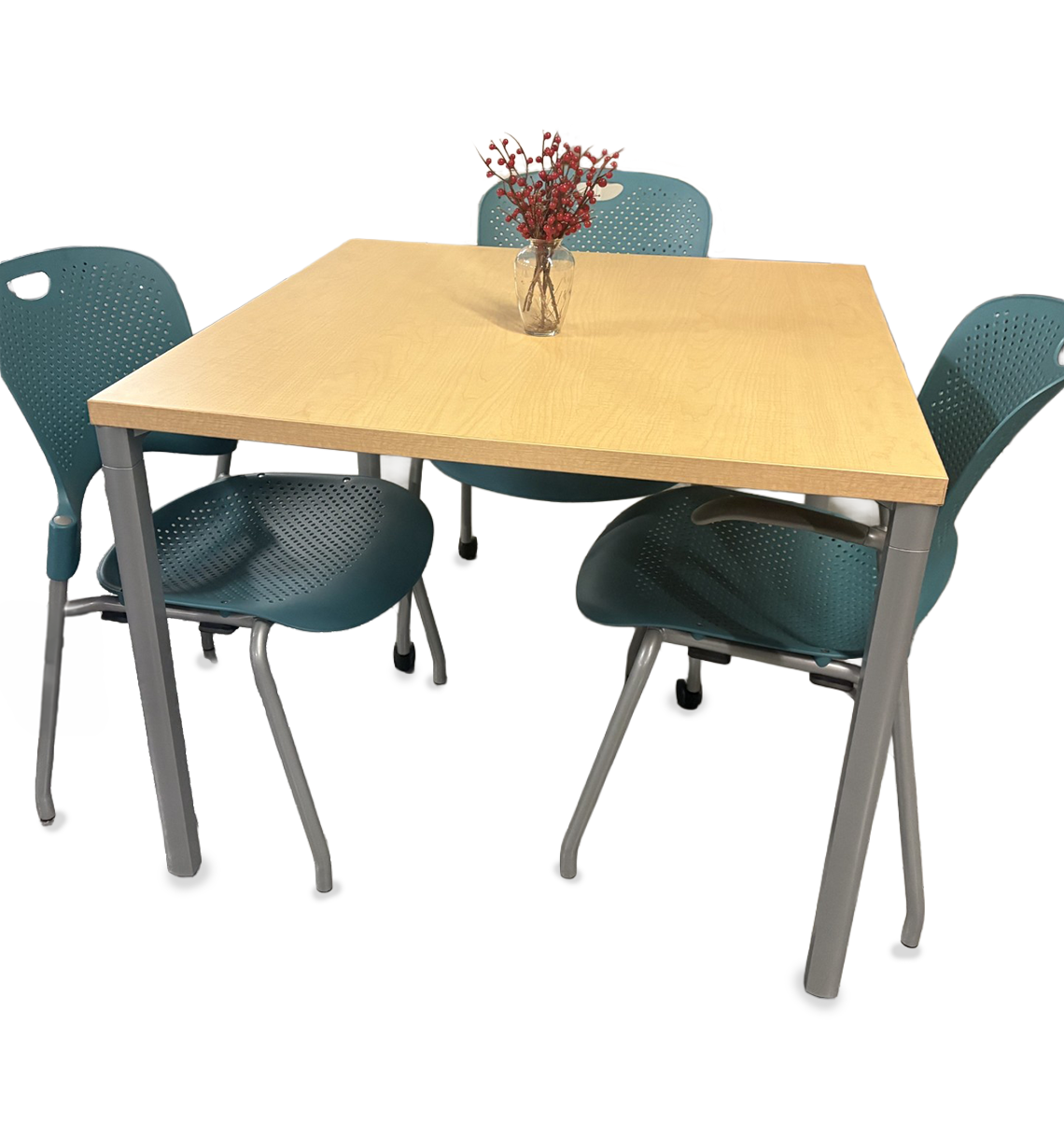 natural walnut color square tabletop with flower base and three chairs setting on white background
