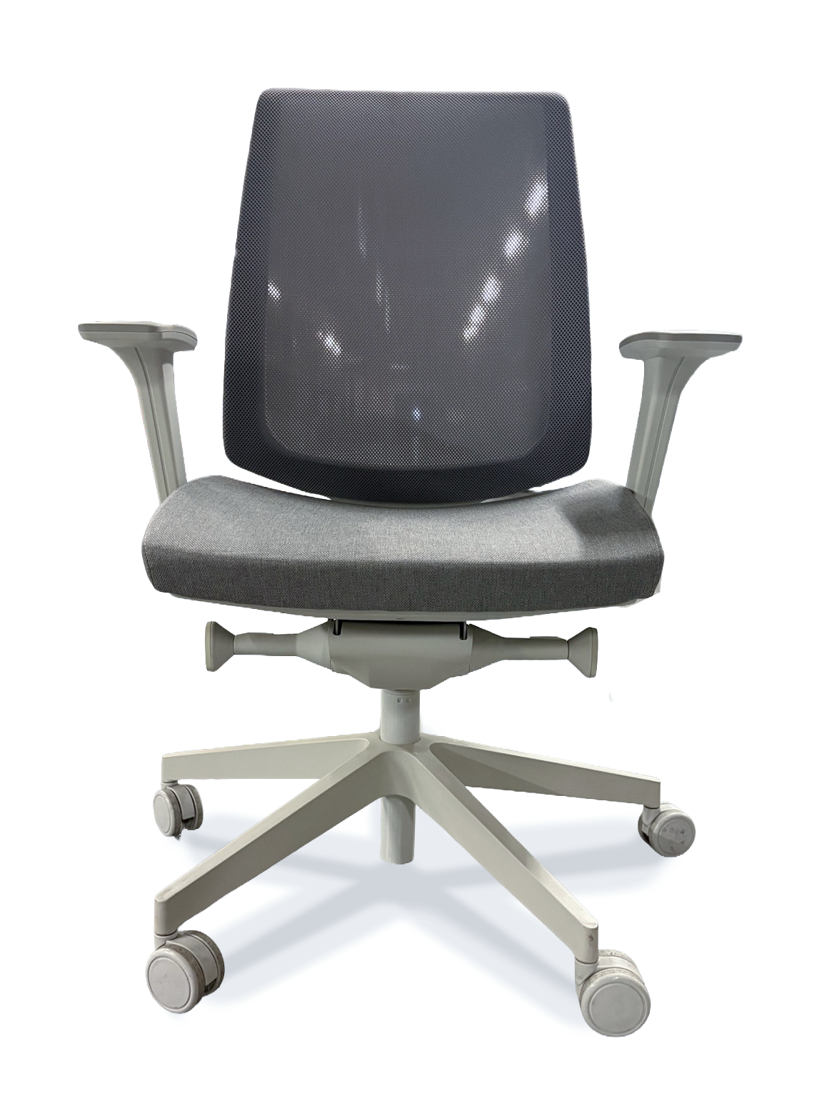 Office chair with armrests, mesh back and adjustable handles on white background