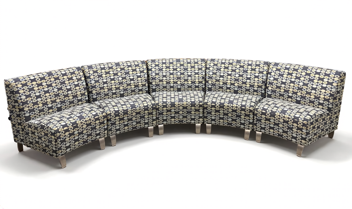 Curve lounge bench with geometric patterns on a white background