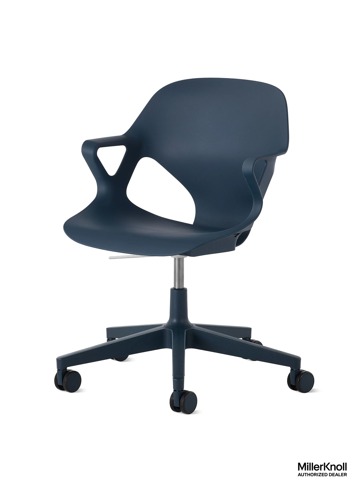 Commercial plastic office chair with arms in color dark blue or rolling casters