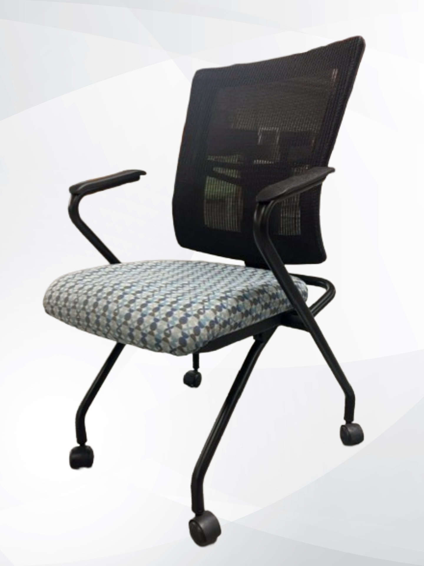 A black mesh office chair with a patterned blue and white seat cushion, black armrests, and black caster wheels, shown against a light gray background.