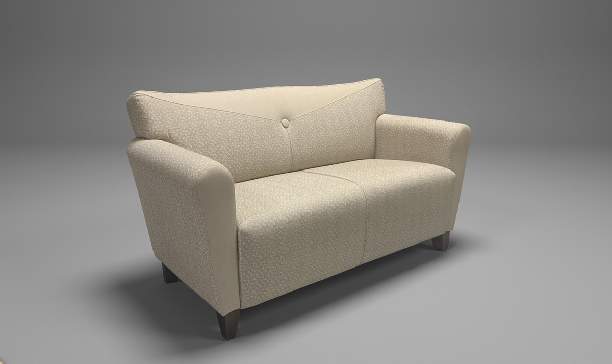 A modern two-seater loveseat sofa upholstered in a textured cream fabric, featuring a curved backrest with a central button tuft, wide armrests, and dark tapered legs, shown on a neutral gray background.