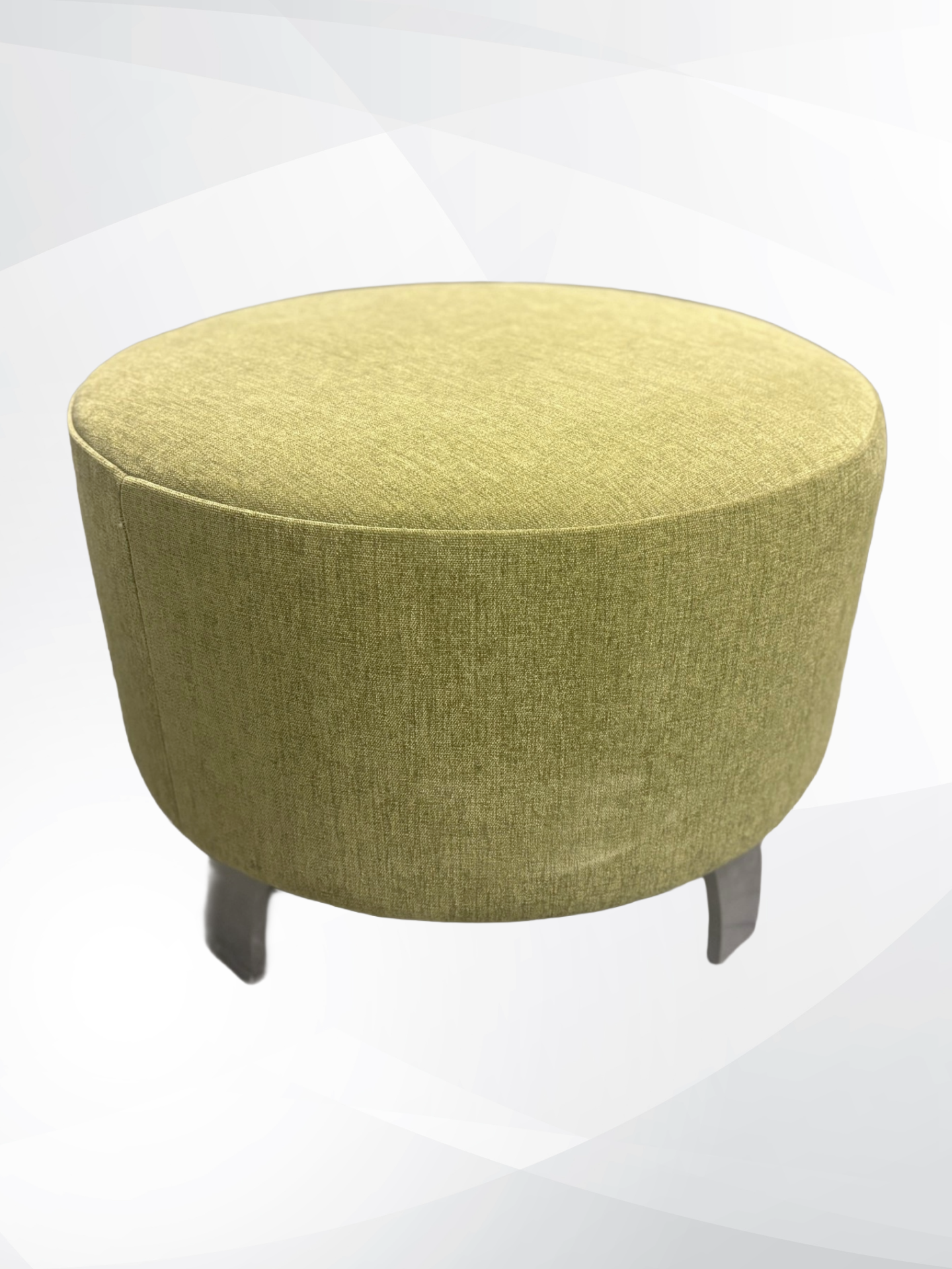 A round upholstered ottoman stool with a textured olive-green fabric and metal gray legs, shown against a light gray and white abstract background.