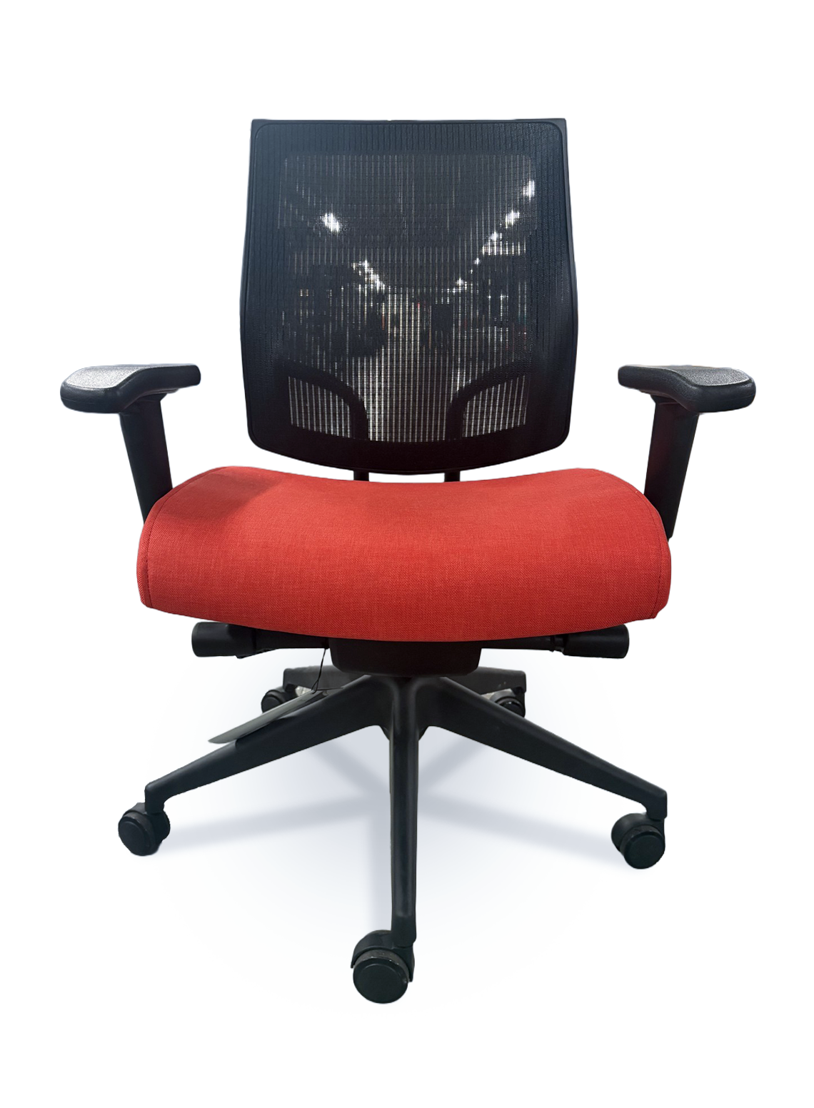 Modern Office chair with padded seat in color red, mesh back and padded arms on rolling casters