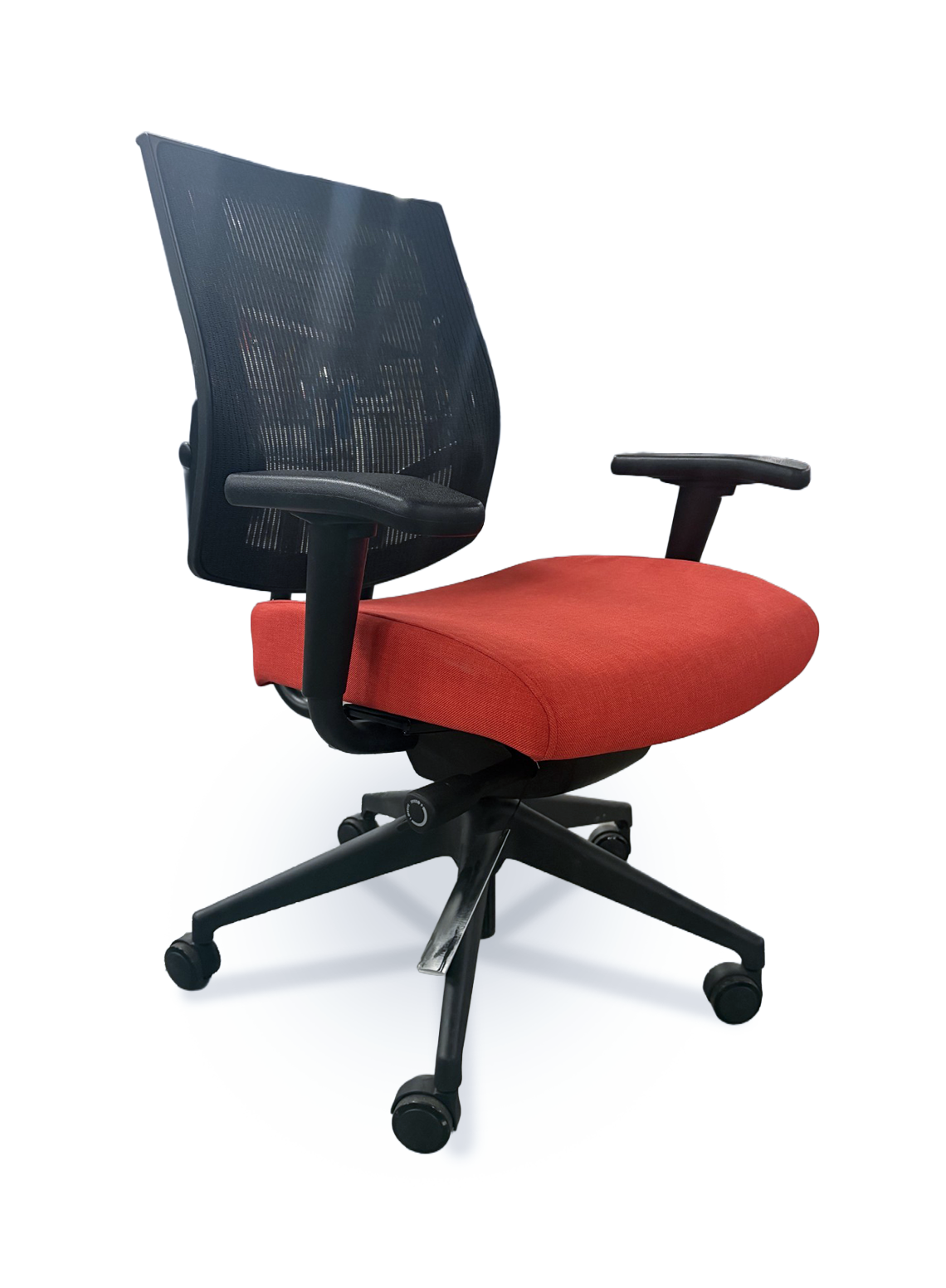 Modern Office chair with padded seat in color red, mesh back and padded arms on rolling casters