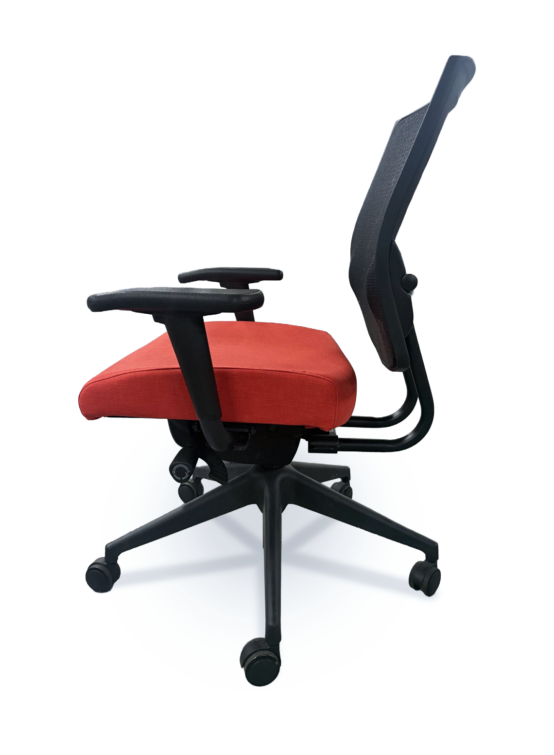 Modern Office chair with padded seat in color red, mesh back and padded arms on rolling casters side view