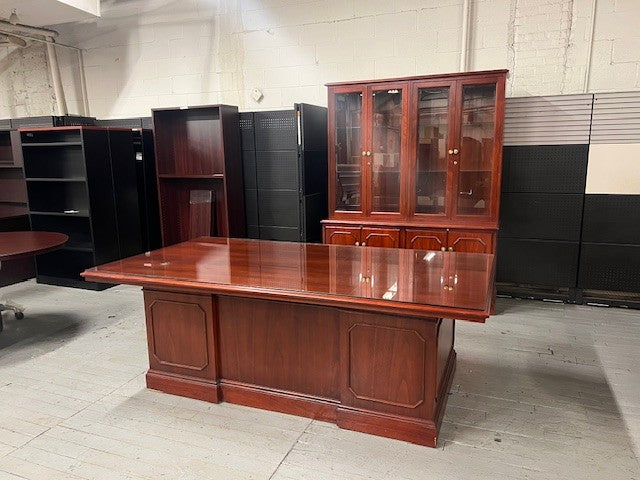 Executive wood desk set featuring matching credenza and buffet storage cabinets