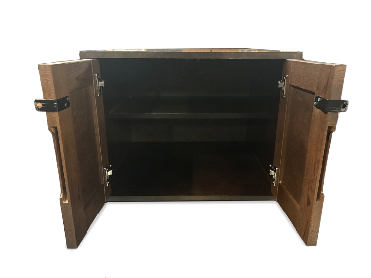 A dark brown wooden cabinet with two doors swung open to show the interior shelves, photographed against a plain white background.