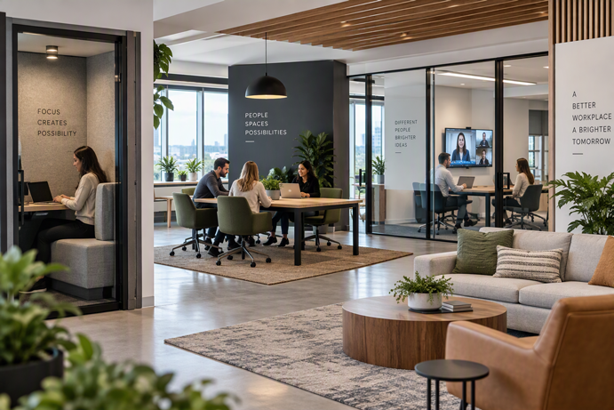 modern Office scene with multiple work settings