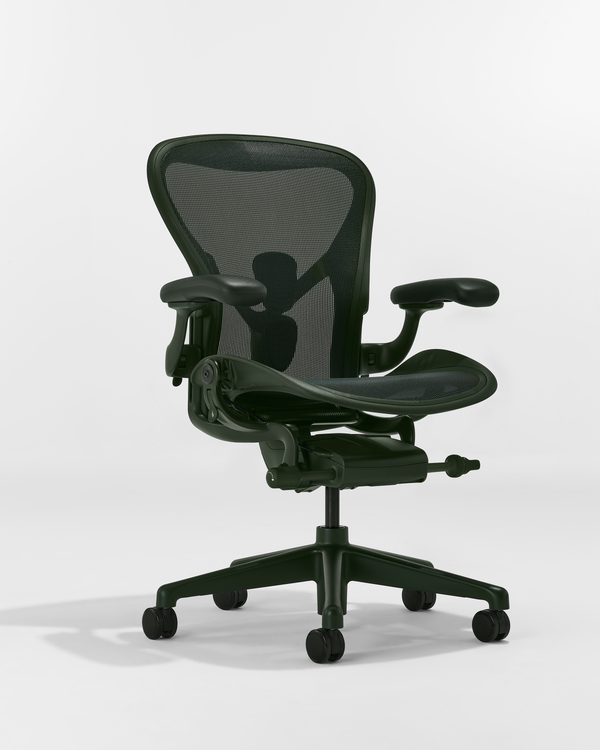 ergonomic office chair with breathable mesh back, adjustable arms, and lumbar support in dark green finish