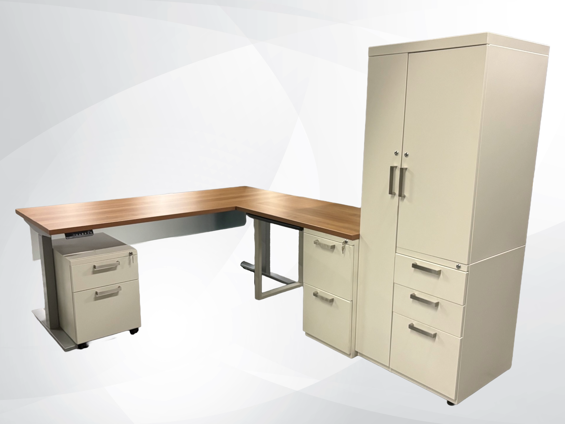 An L-shaped office desk set with a wood-grain desktop, a beige metal filing cabinet, a matching two-drawer pedestal, and a tall two-door cabinet with three lower drawers, shown on a light gray background.
