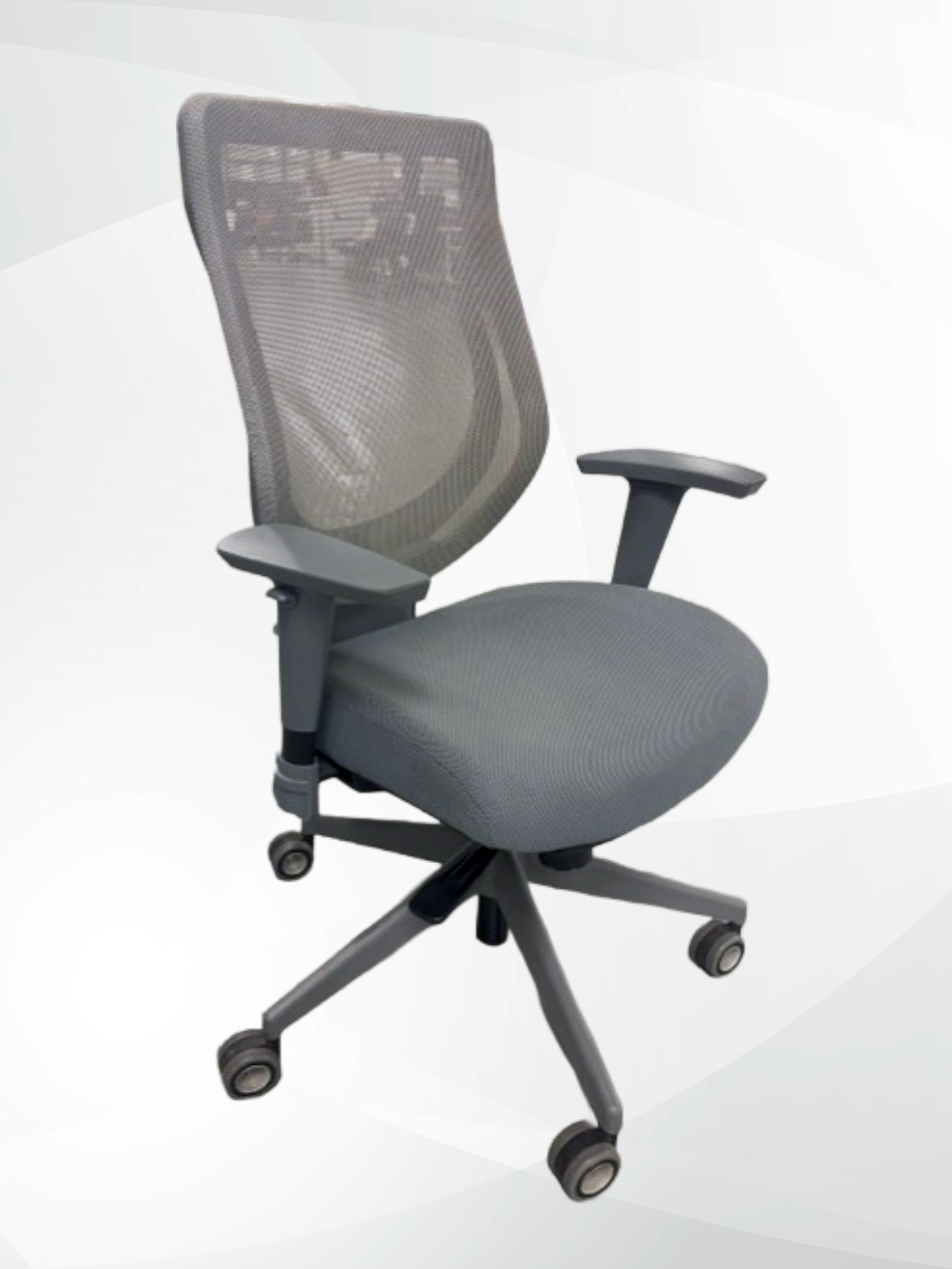 A modern gray mesh office chair with a high back, padded armrests, and a five-star wheeled base, shown against a light gray studio background.