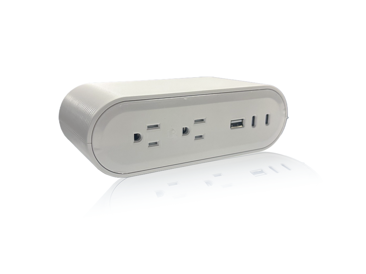 A white oval-shaped portable power bank with built-in US outlets and a USB-C port, shown on a reflective white surface.
