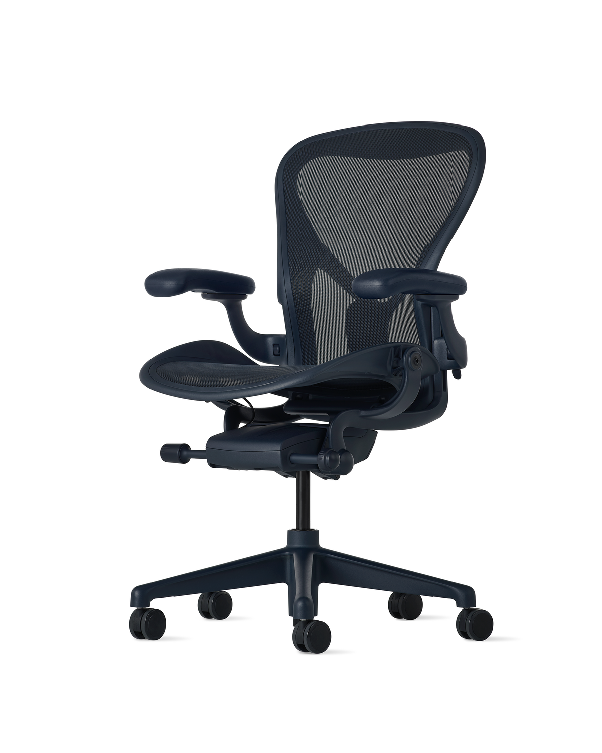 Herman Miller Aeron ergonomic office chair with breathable mesh back, adjustable arms, and lumbar support in dark blue finish