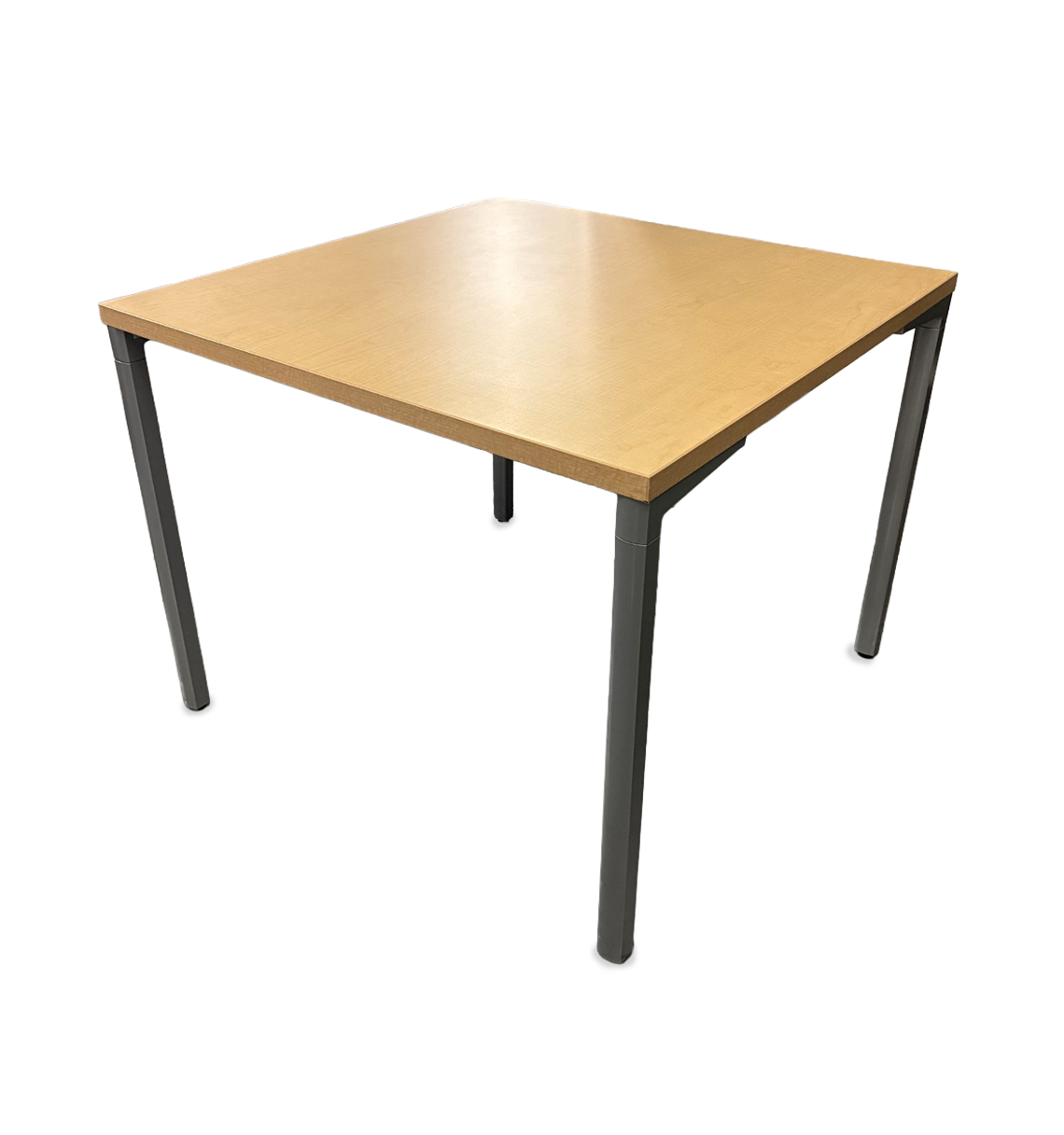natural walnut color square table top with gray post legs on white background 