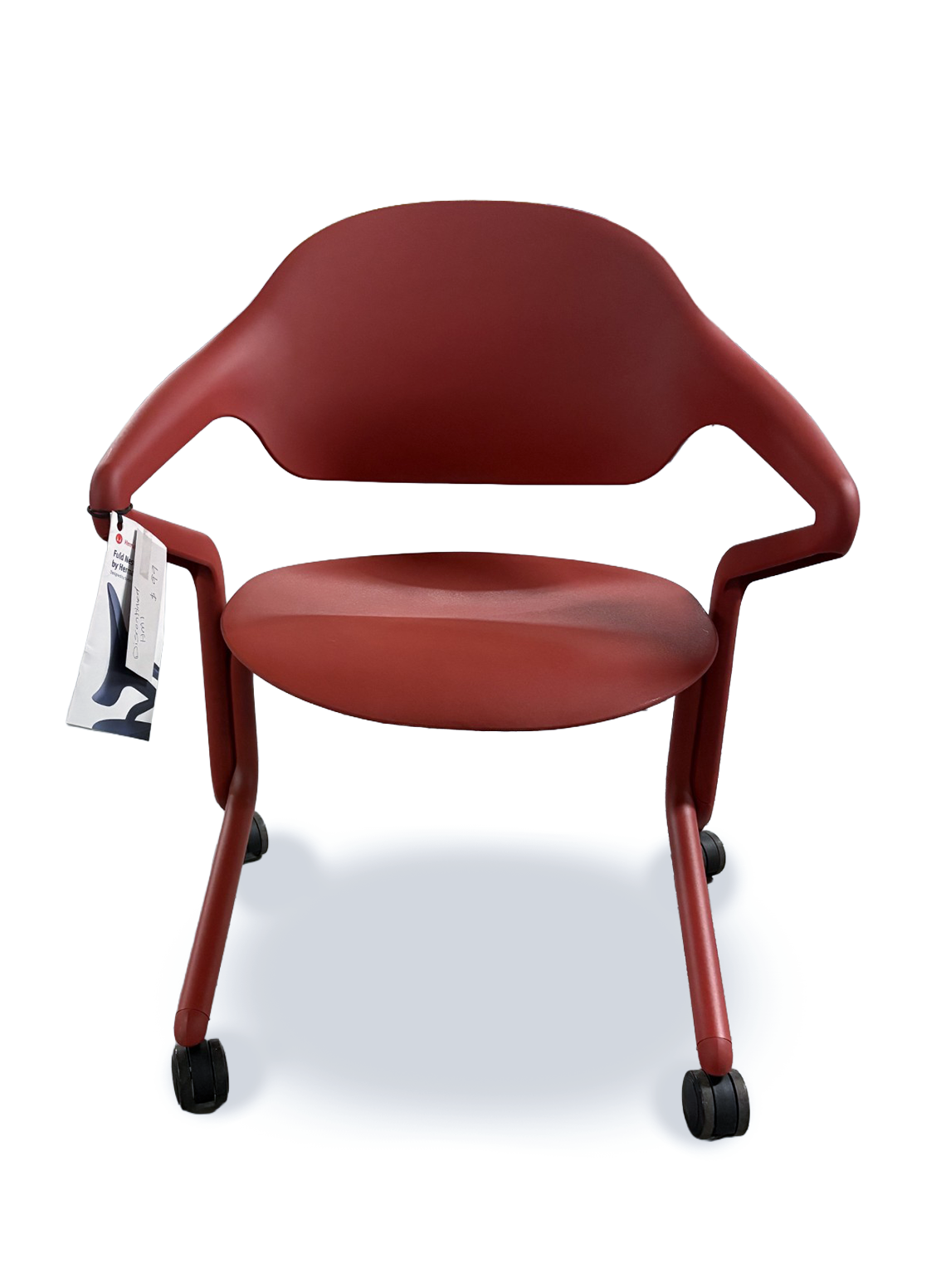 contemporary red chair with armrest , low back and wheels on white background