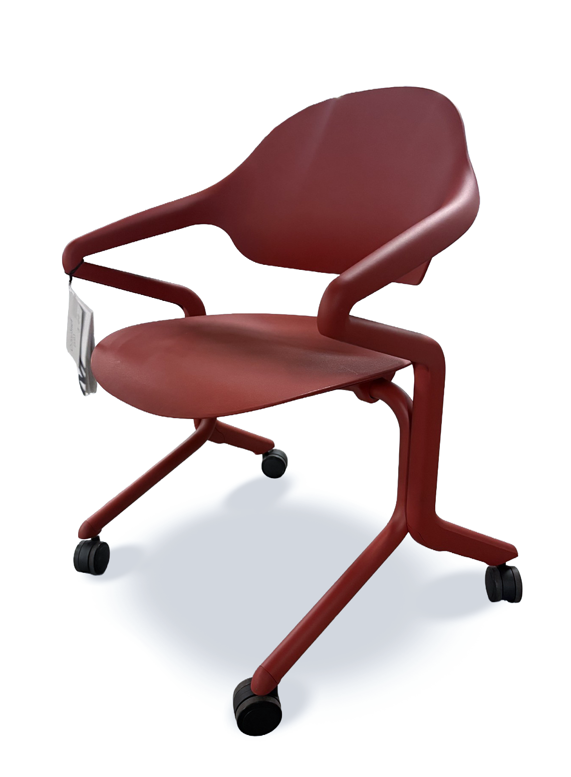 contemporary red chair with armrest , low back and wheels on white background
