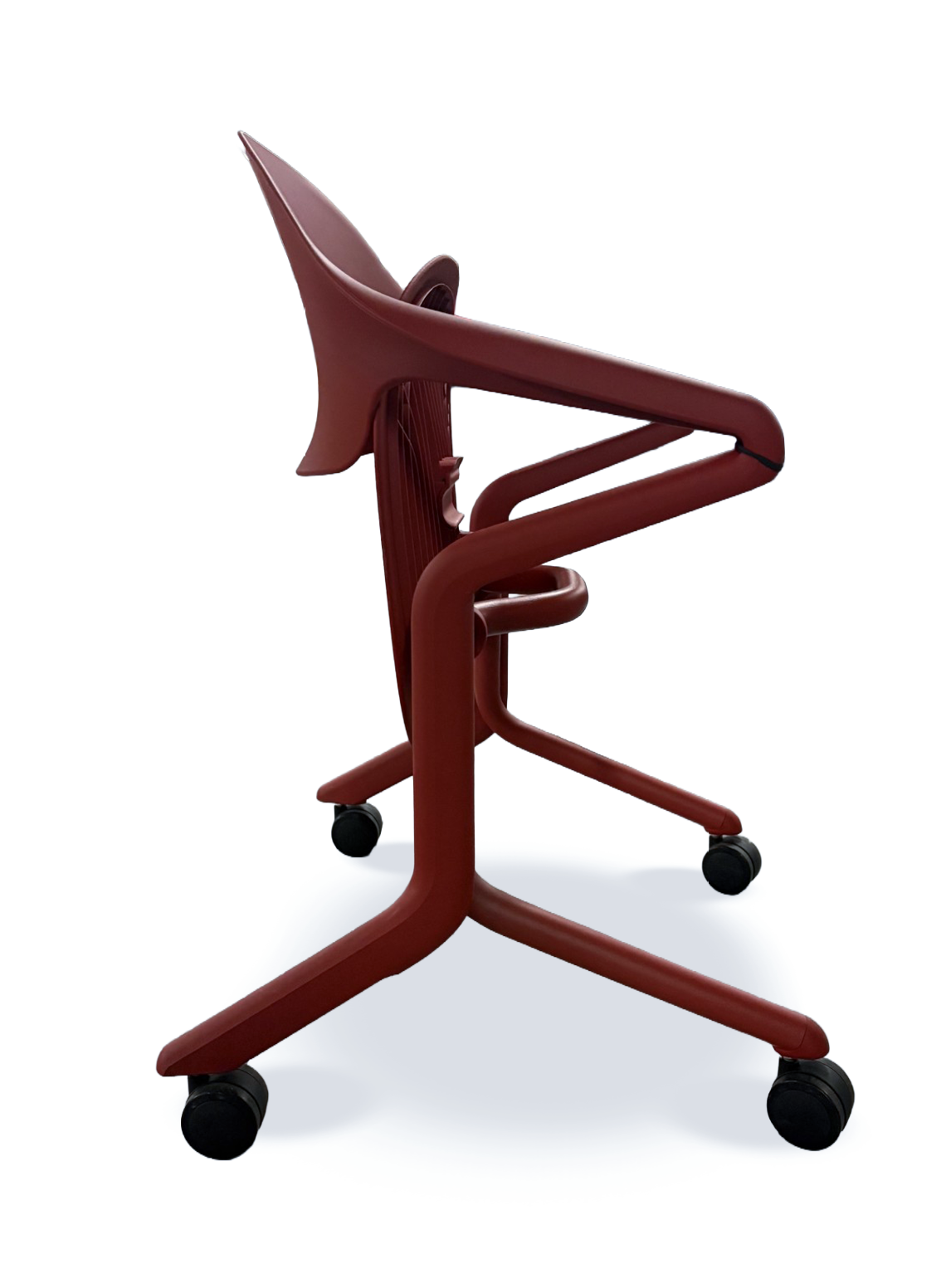 contemporary red chair folded on wheels on white background