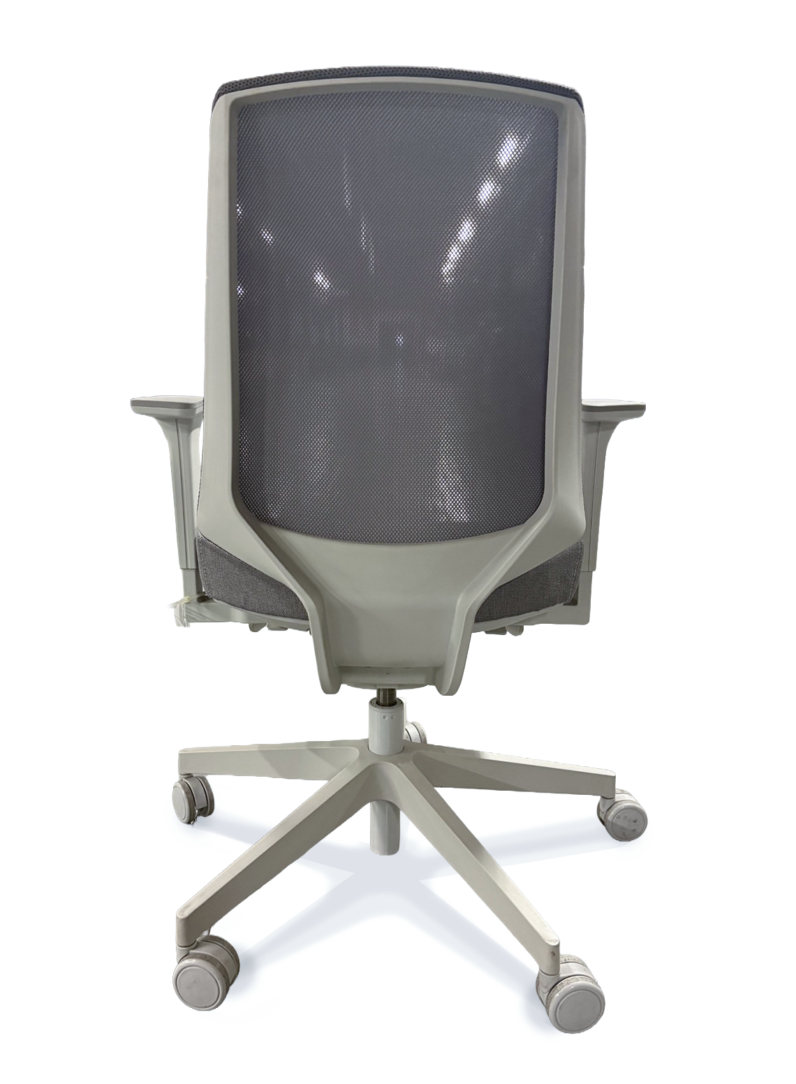 Office chair with armrests, mesh back and adjustable handles on white background