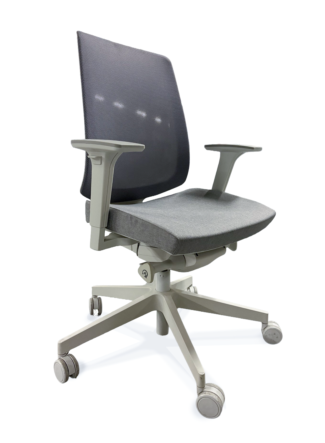 Office chair with armrests, mesh back and adjustable handles on white background