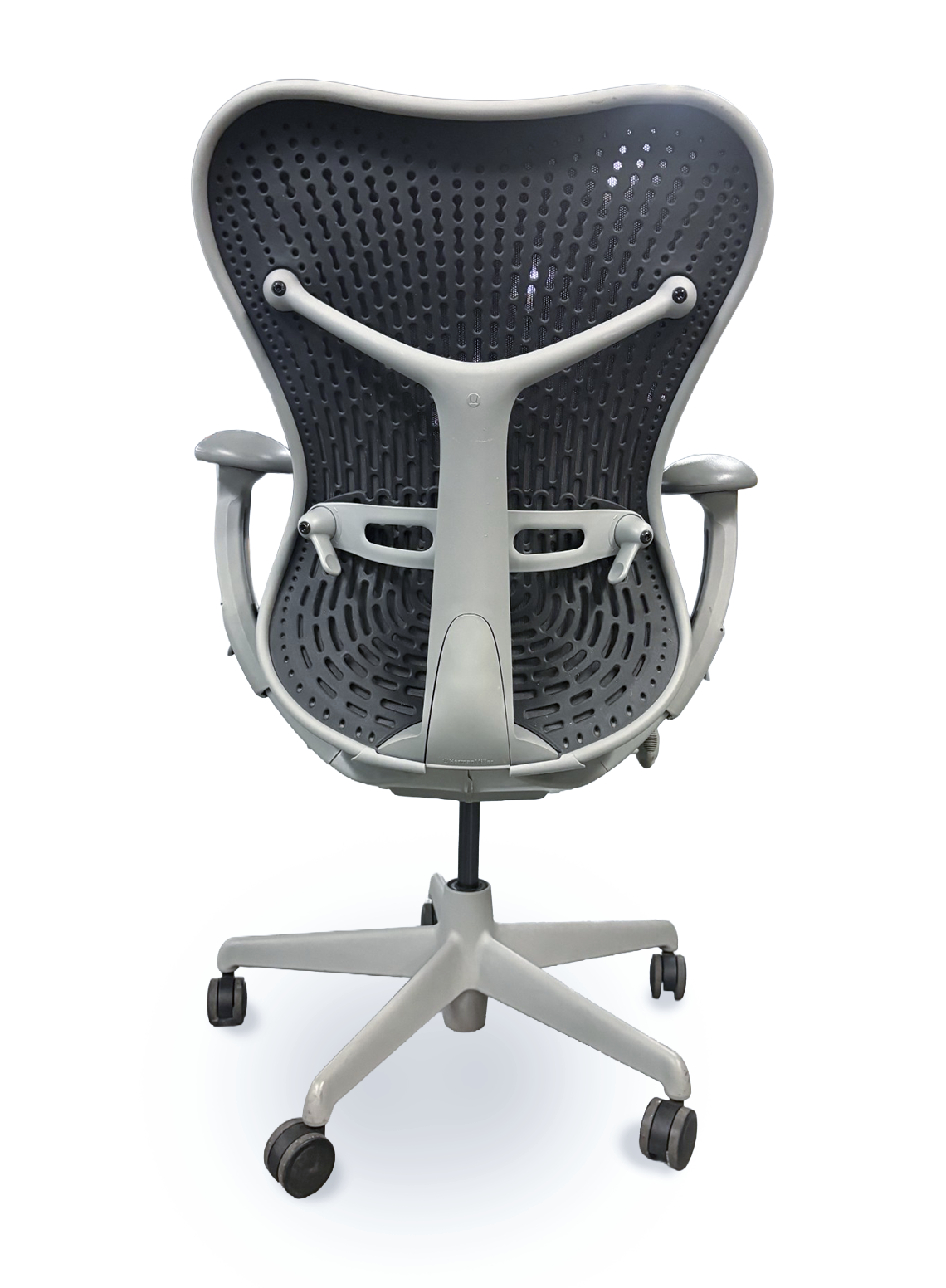 gray ergonomic office chair with level and adjustment and lumbar support handles on white background