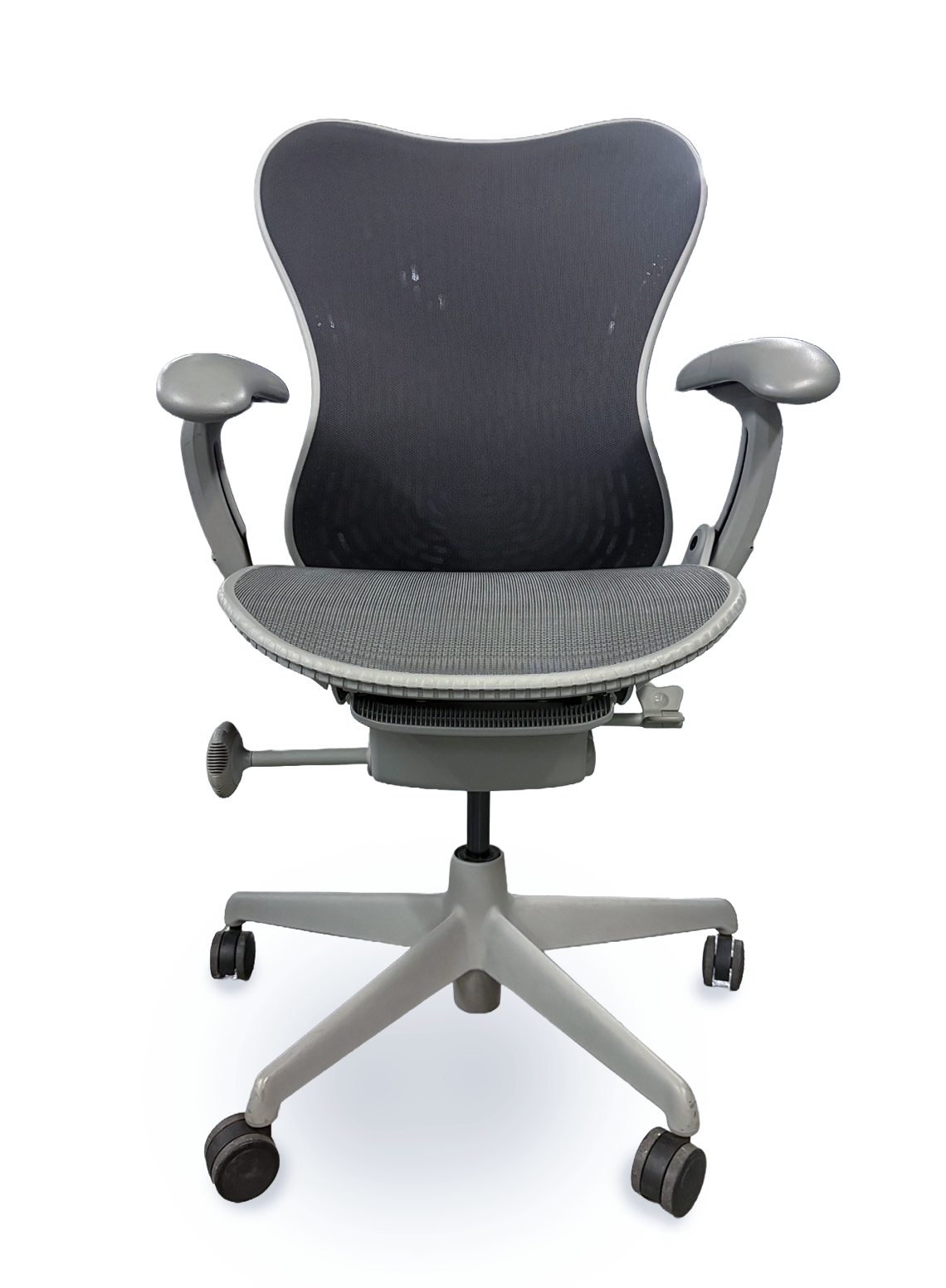 gray ergonomic office chair with level and adjustment handles on white background