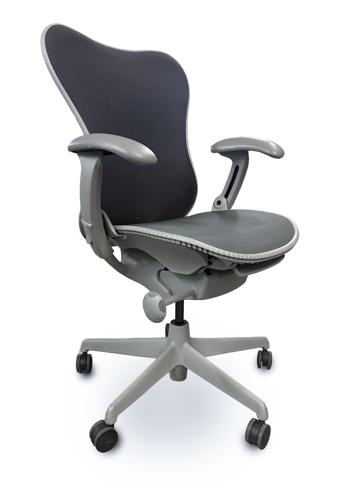 gray ergonomic office chair with level and adjustment handles on white background