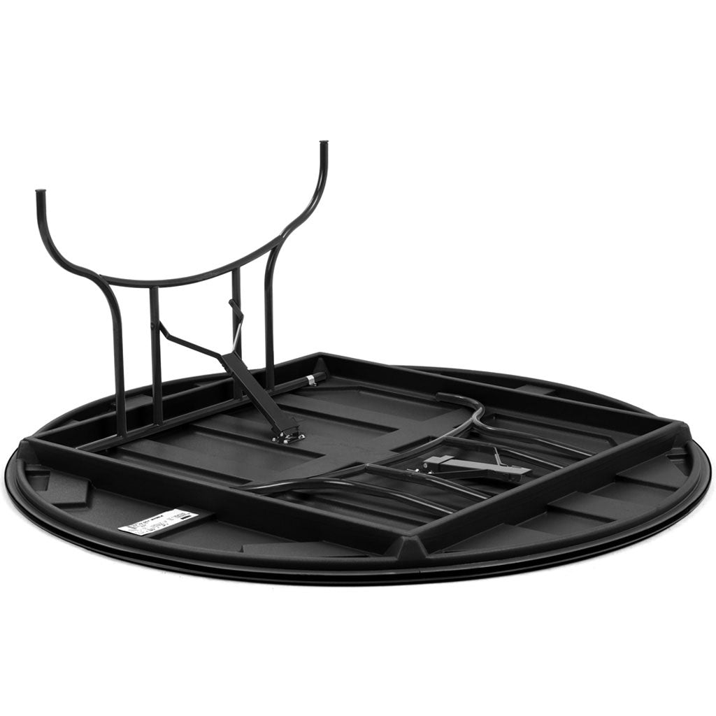 detail shot of folding mechanism showing the table upside down and one leg folded