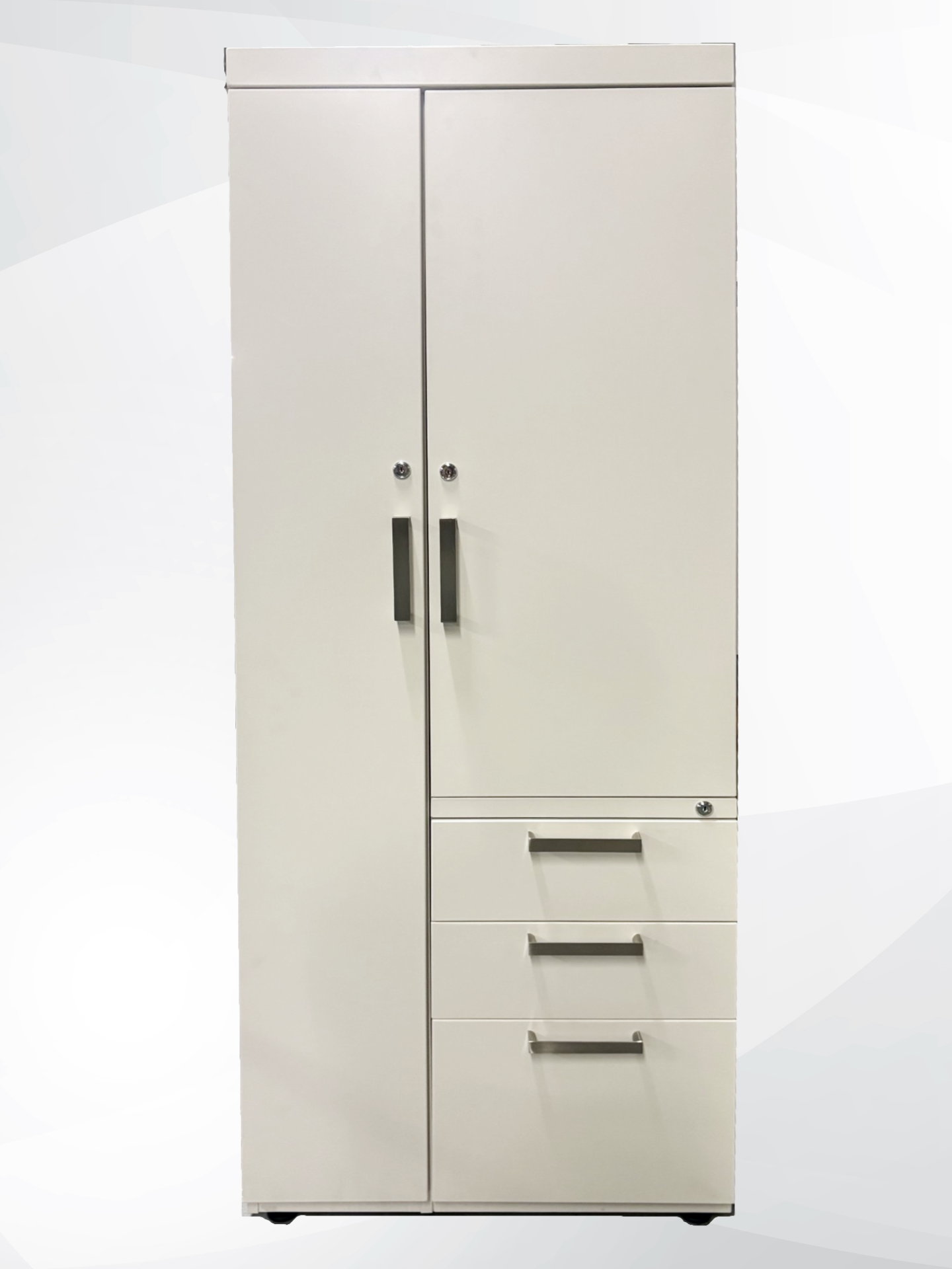 A tall, light beige metal storage cabinet with two tall doors on the left and three drawers on the right, featuring dark metal handles and a small lock on each door.