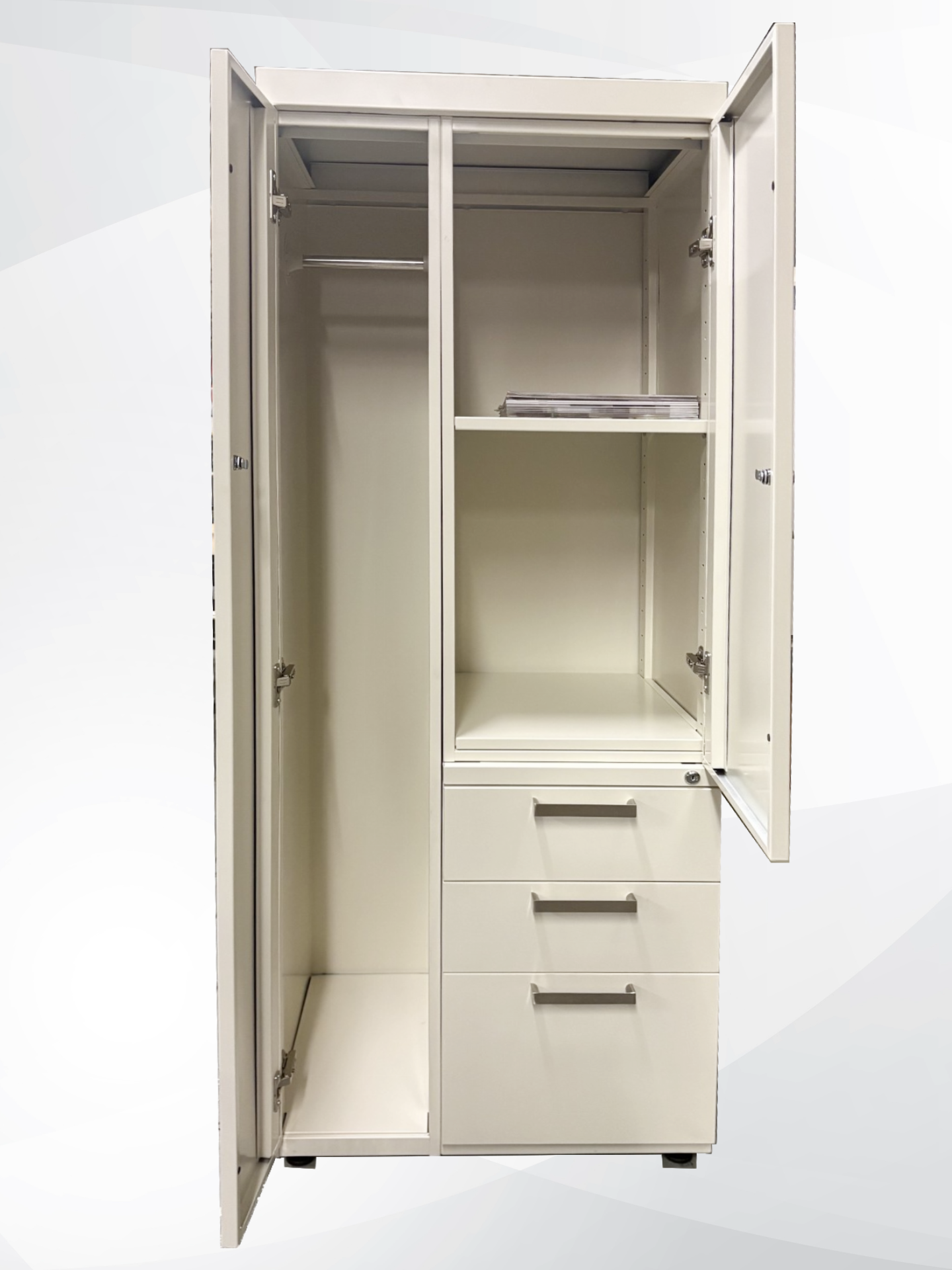 A tall, light cream-colored metal wardrobe with two doors swung open, showing an organized interior with a hanging rod, shelves, and three drawers with silver handles.