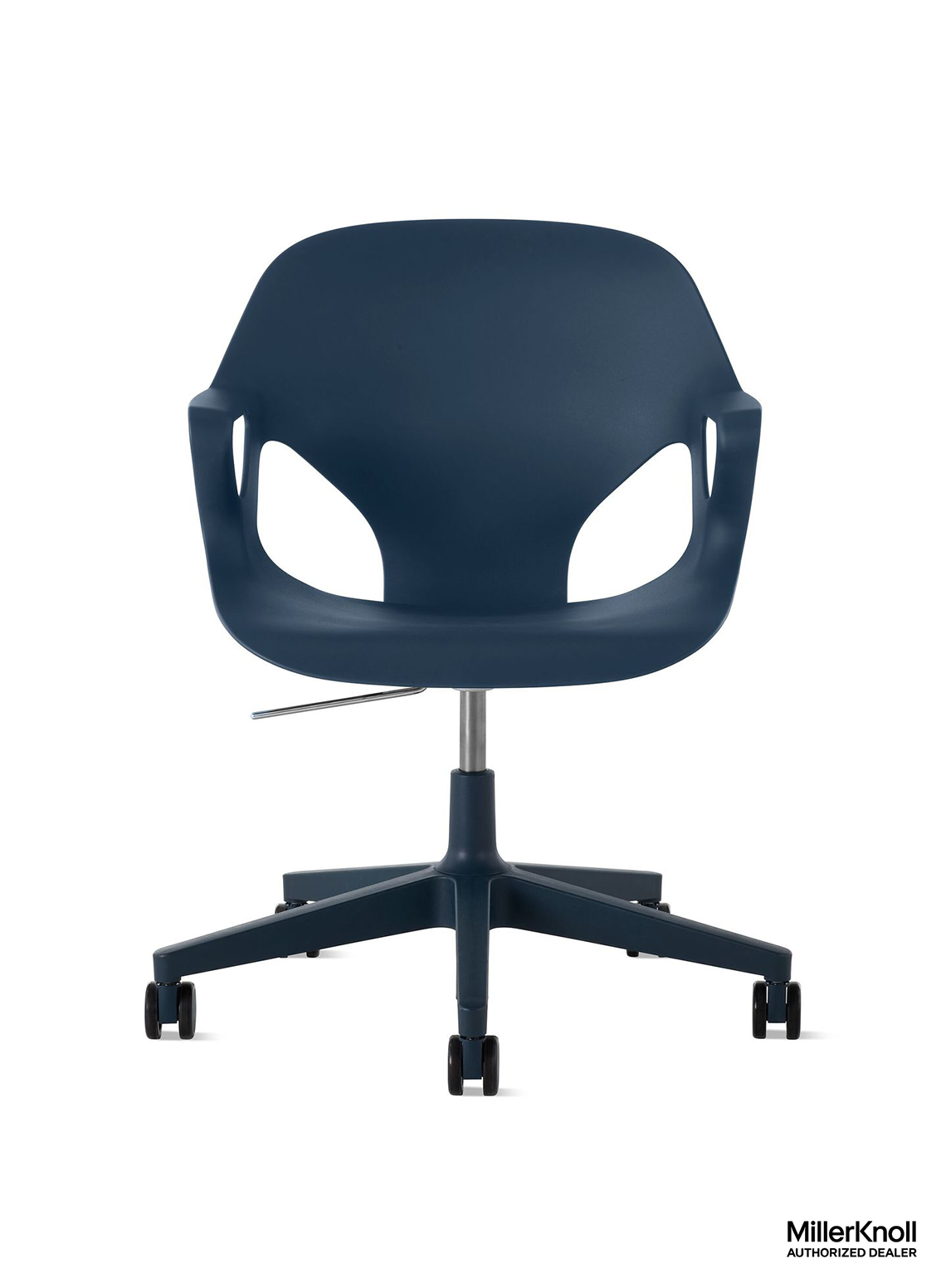 Commercial plastic office chair with arms in color dark blue or rolling casters