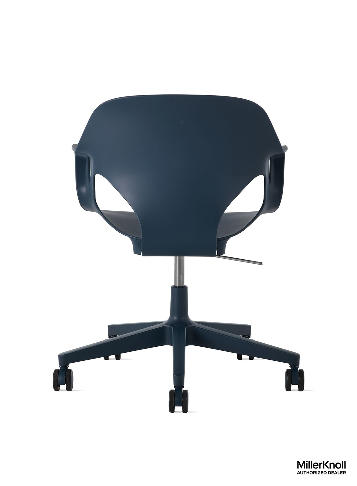 Commercial plastic office chair with arms in color dark blue or rolling casters