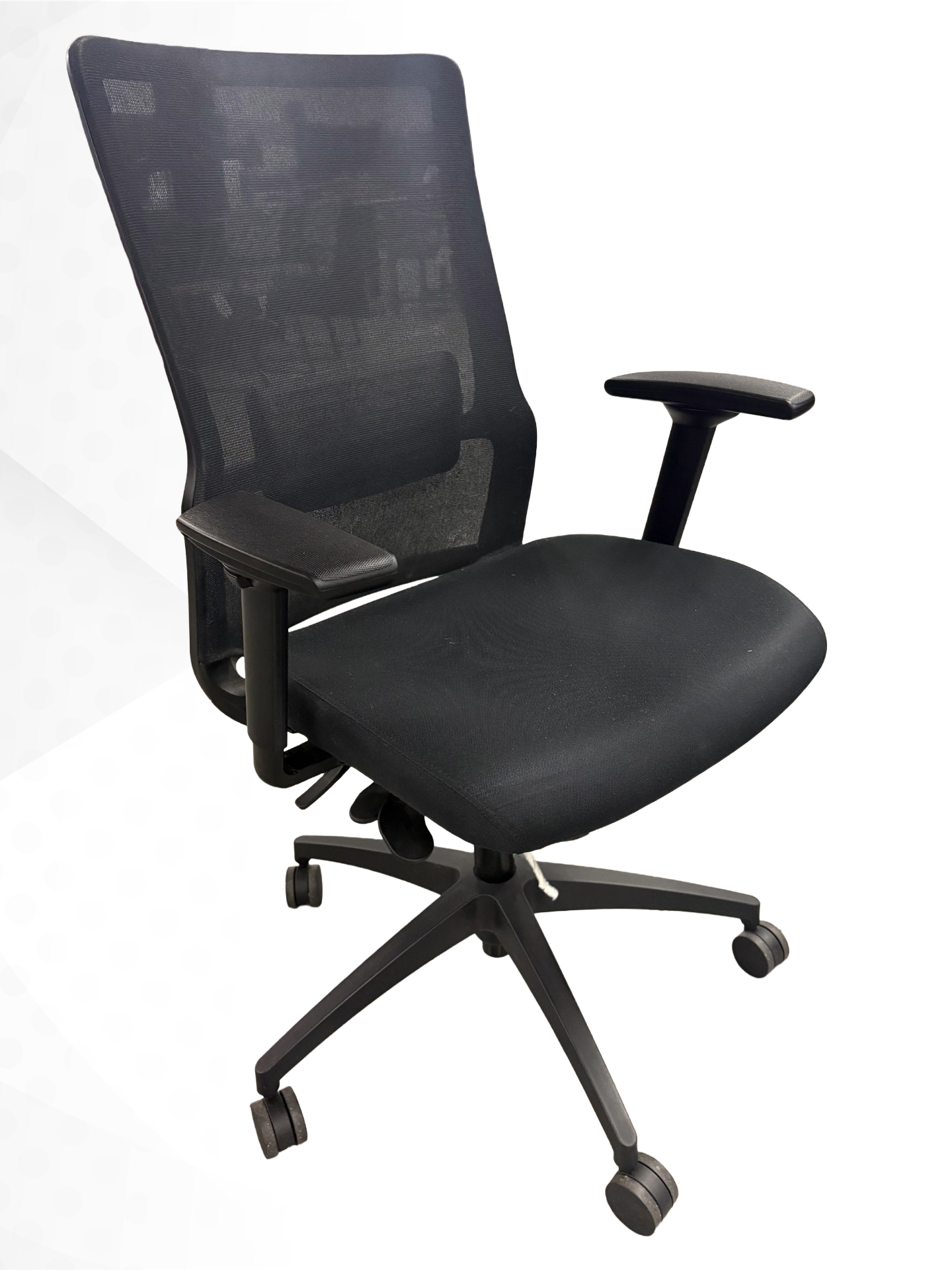 A black mesh office chair with a padded seat, adjustable armrests, and a five-star wheeled base, photographed against a plain white background.