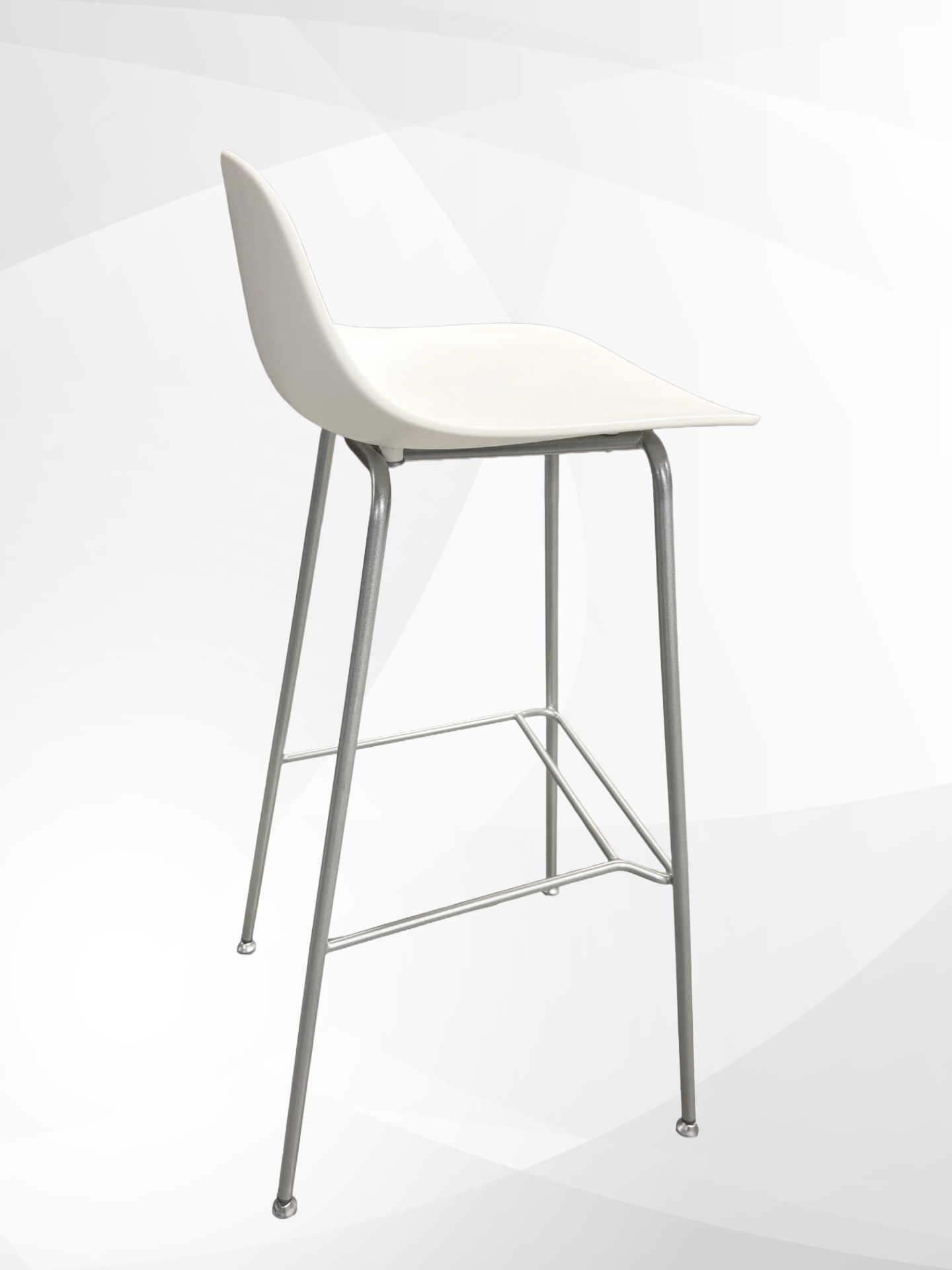 A modern counter stool with a white molded seat and a slim silver metal frame with four legs and a footrest, shown against a light gray and white abstract background.
