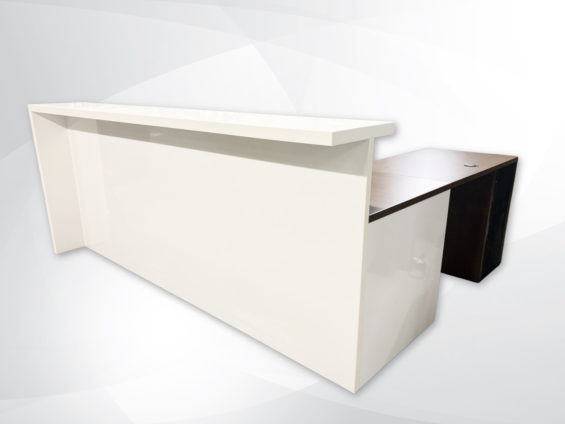 A modern L-shaped reception desk with a glossy white front panel and a dark brown wood-grain top surface, shown on a light gray background.